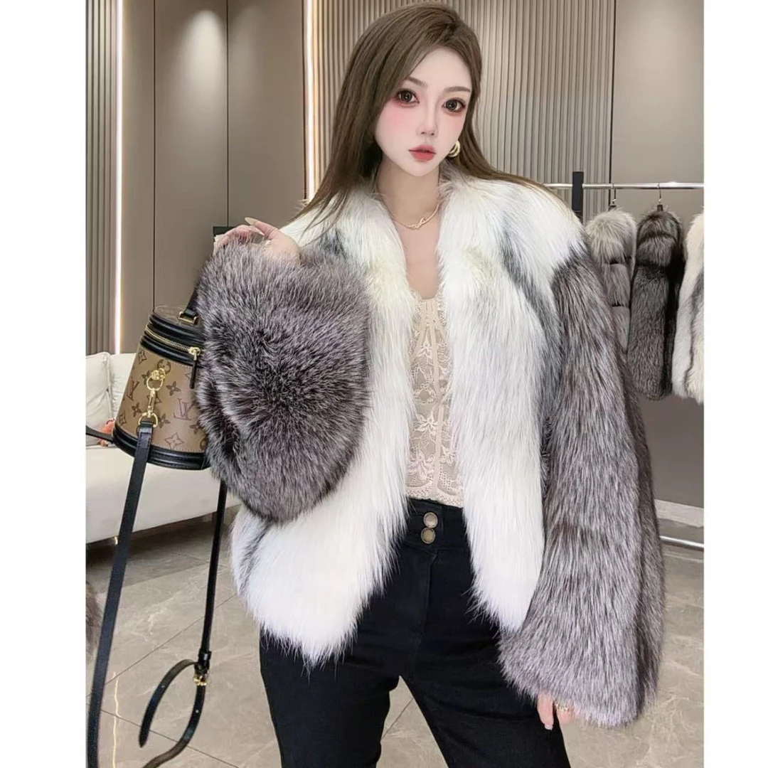 【冬宜雪】F301芬兰进口大理石银狐双拼狐狸毛皮草外套2025爆款新款