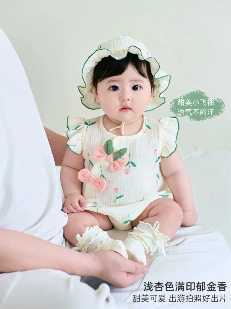 夏季新款婴幼儿连体时尚斜襟郁金香飞袖包屁衣女宝宝公主外出爬服