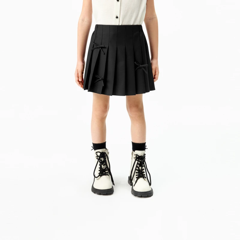 小酒窝同款littlemoco童装25秋新款女童百褶裙短裙蝴蝶结半身裙