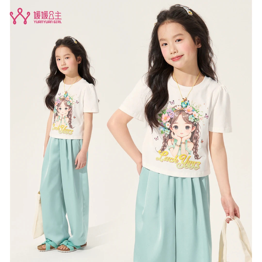 媛媛公主媛【簪花女孩】2025夏轻薄透气印花棉质女童T恤15201R112