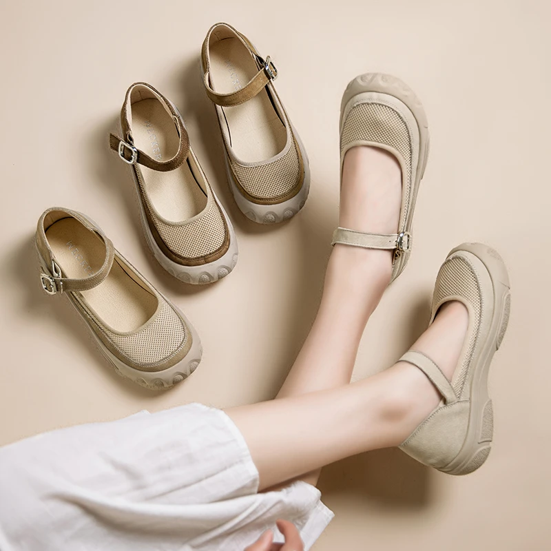 20157夏季运动风复古一字扣玛丽珍网面透气软底软面轻便防滑女鞋