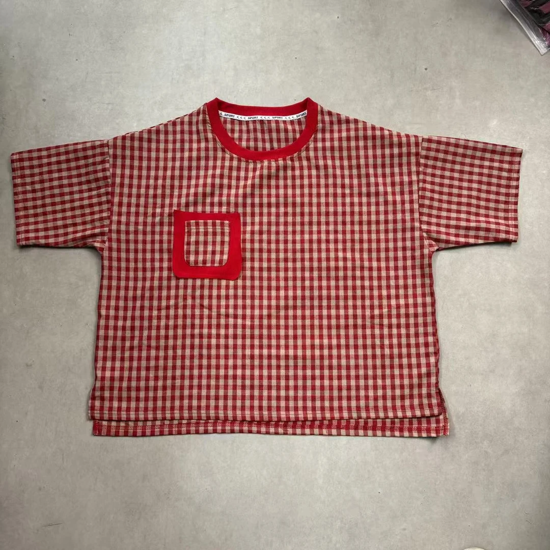 夏季新款格子短袖贴袋设计T恤宽松上衣17143