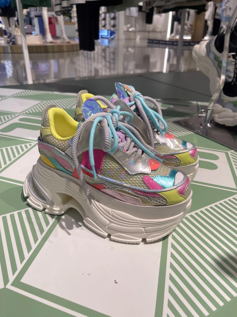 欧货厚底老爹鞋女2025新款彩色真皮透气网布时尚舒适轻增高松糕鞋