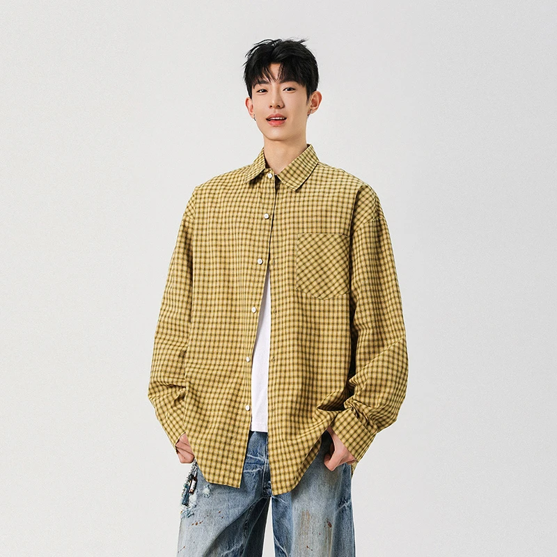 韩系vibe风痞帅黄色格子衬衫男士慵懒风个性时尚休闲百搭宽松外套