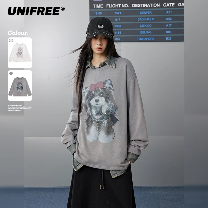 【25年春】趣味狗狗印花圆领卫衣宽松学院风时尚百搭上衣