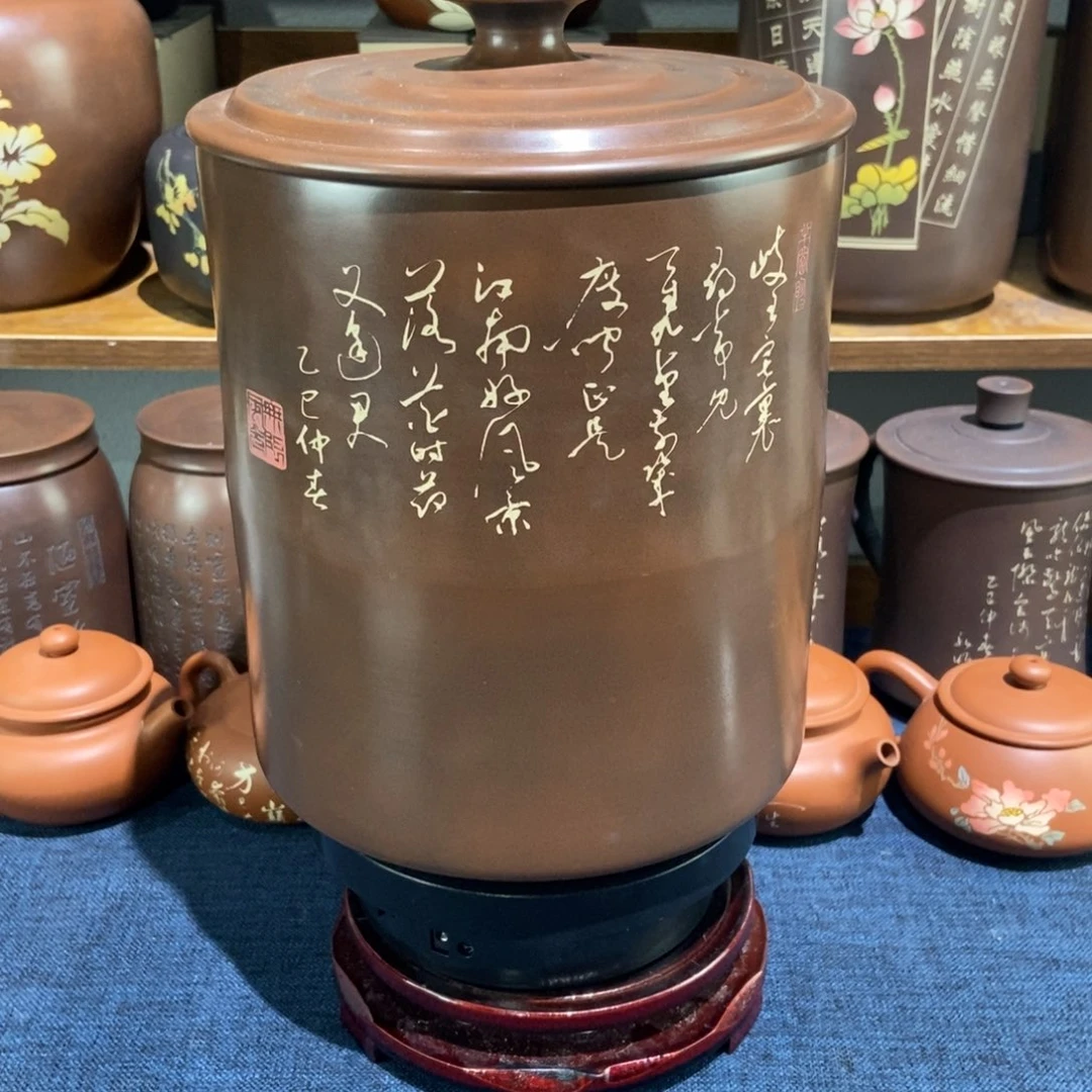 8建水紫陶手工精磨彩填醒茶罐