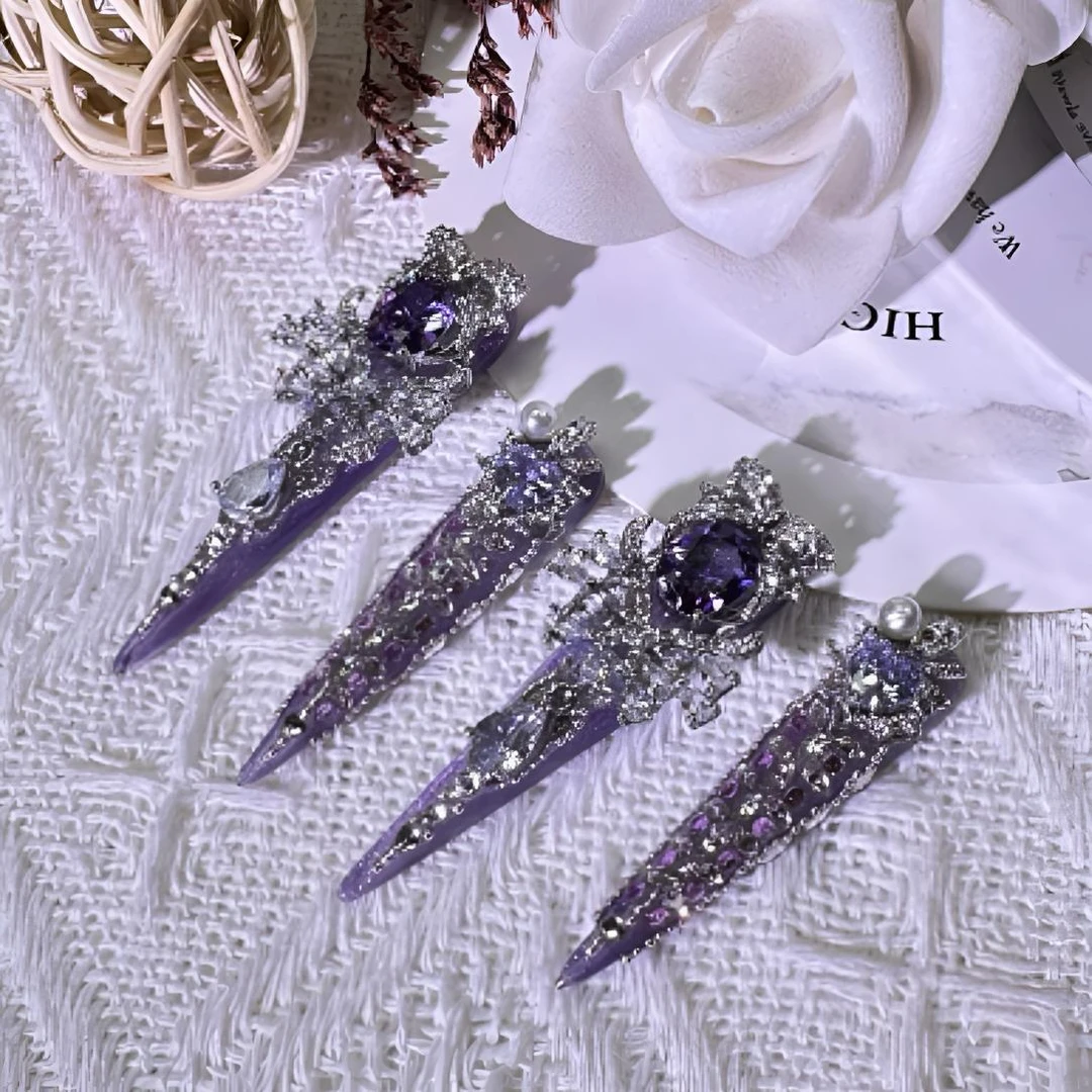 紫定发财//紫色锆石满钻穿戴甲轻奢爆闪手工美甲显白护甲彩色