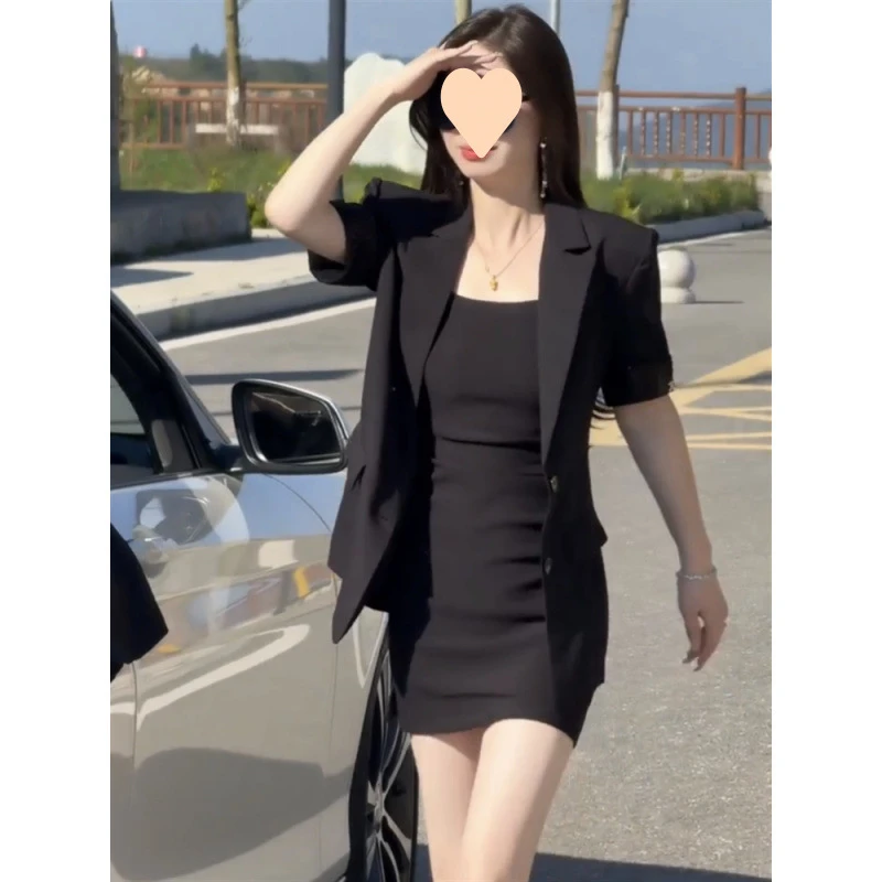 网红时尚夏季黑色短袖薄款显瘦套装气质通勤女都市风2024年夏季95