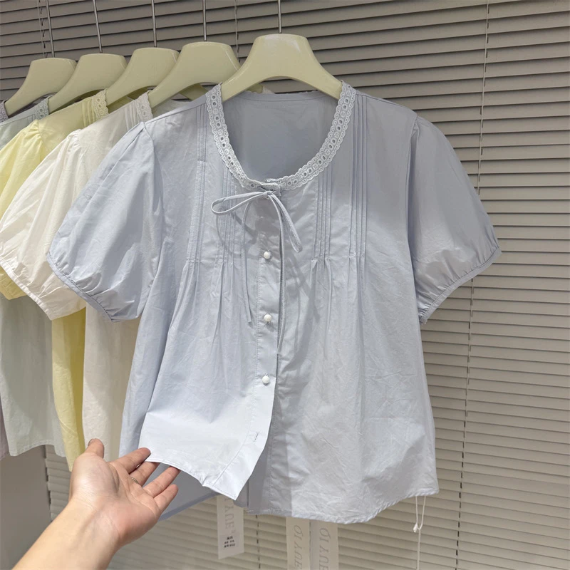 【运补6】2025年春夏韩版时尚蕾丝拼接短袖衬衫女宽松显瘦小衫上衣