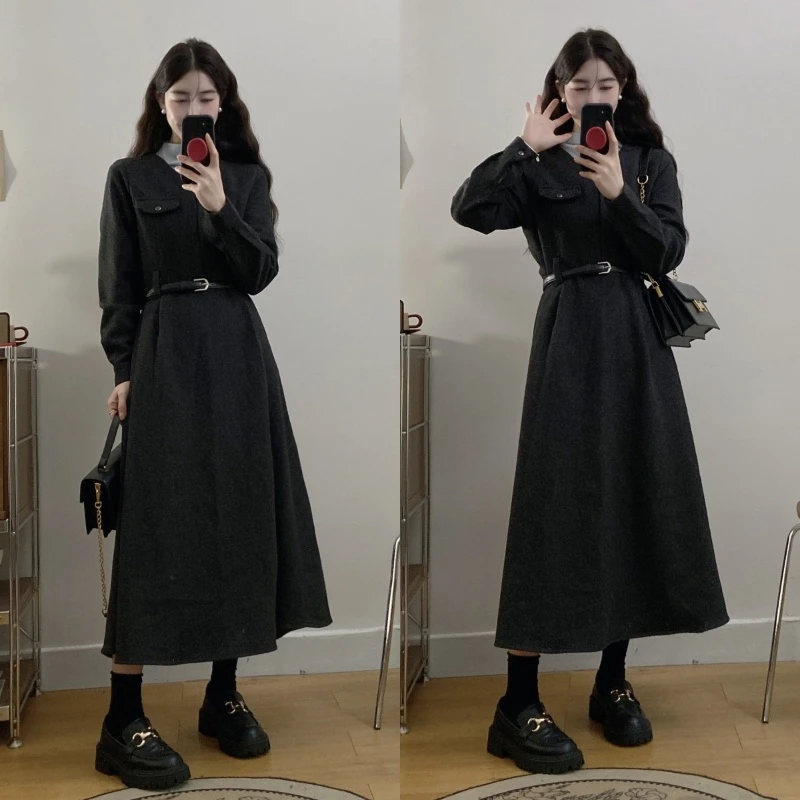 2024冬季新款韩版法式复古加厚毛呢收腰显瘦假两件高级感连衣裙