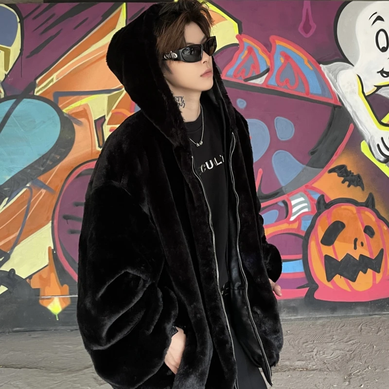 港风潮牌宽松大码PU皮草外套男款冬季两面穿潮牌貂毛夹克男痞帅风