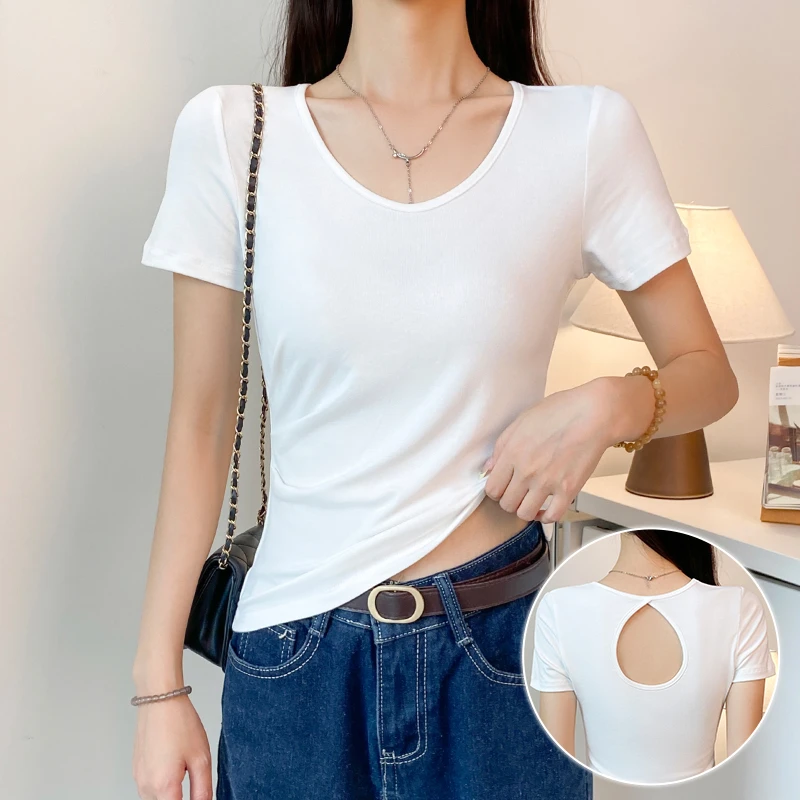 白色V领露背短袖t恤女夏季修身褶皱镂空打底衫设计显瘦百搭上衣潮