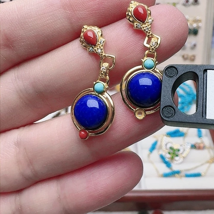 青金石耳饰银S925镶嵌耳钉