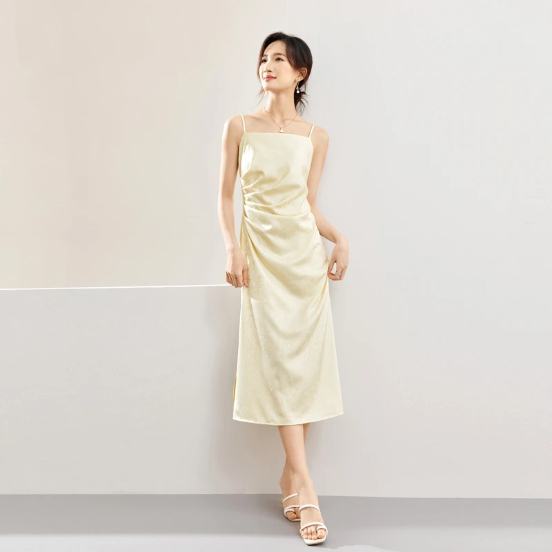 尚都比拉新中式提花连衣裙女夏季裙摆开叉国风吊带背心裙53292