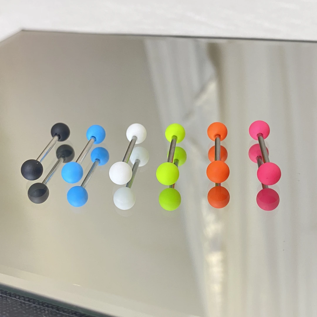 钛钢耳饰 彩色橡胶钛钢舌钉外螺旋杆粗1.6珠子6mm