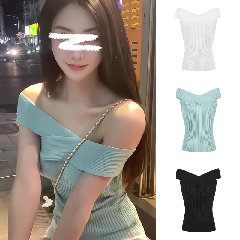 Moses Queen/魔西女王一字肩交叉短袖针织T恤收腰显瘦显身材上衣