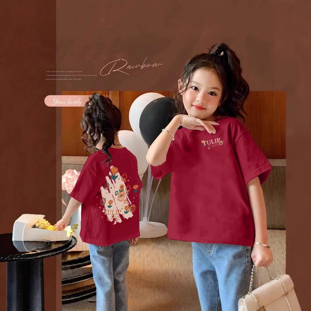 洋气俏皮绵柔宽松短袖女童甜爱风图案显白女孩中大童纯棉森女短袖