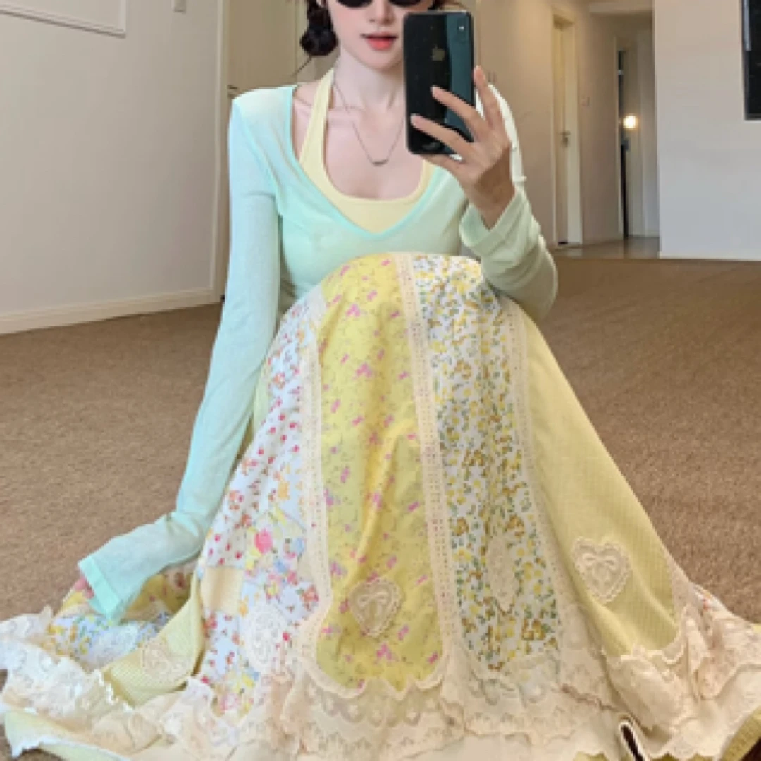 直播链接碎花长袖背心温柔时尚甜美套装吊带裙时尚套装裙子