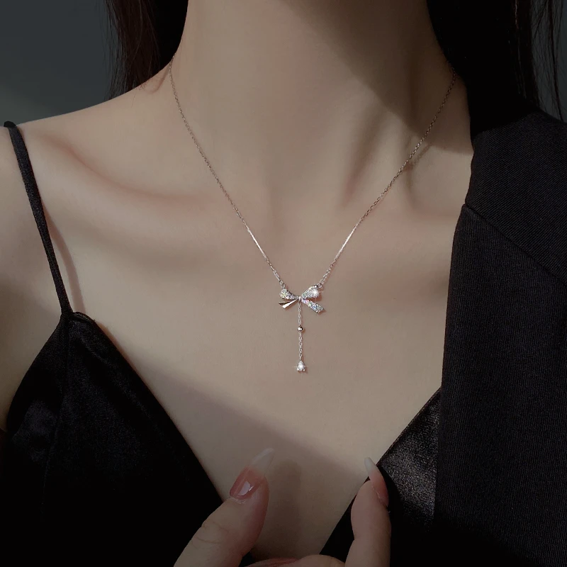 坠链均925银锆石 925银蝴蝶结流苏项链女2025爆款精致锁骨链颈链