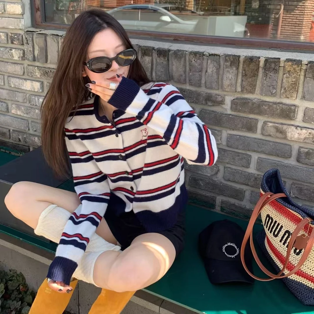 【可爱修狗】撞色条纹针织衫宽松显瘦开衫毛衣外套女春季长袖上衣