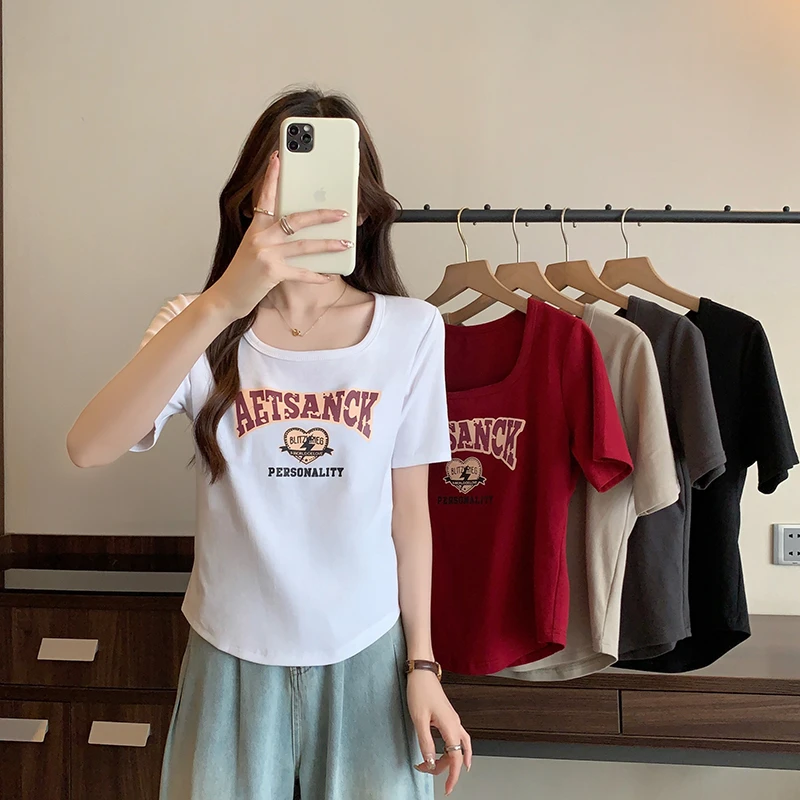 2025年U领胖妹妹印花宽松遮肚上衣大码女装百搭显瘦短袖T恤