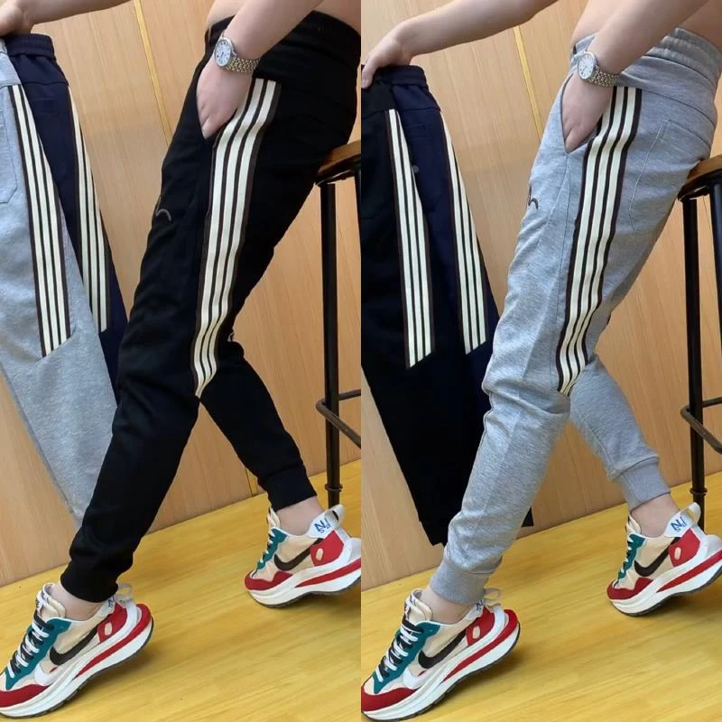 春秋季潮牌运动休闲裤男士修身条纹刺绣小脚卫裤青年弹力哈伦裤子