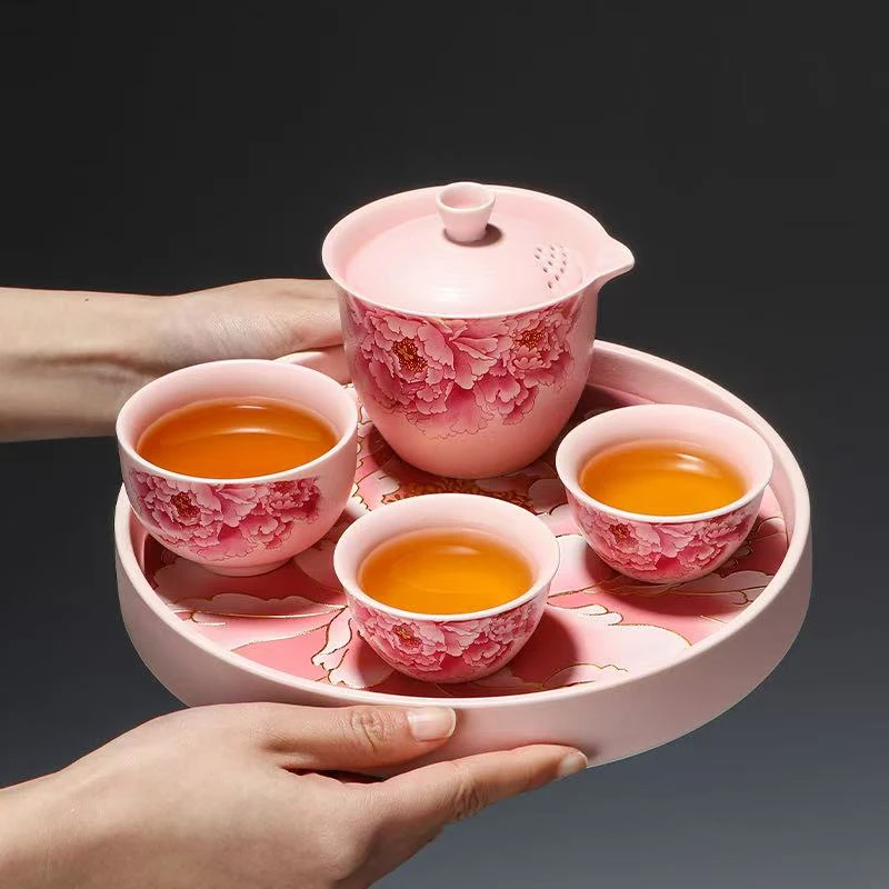当代 牡丹花旅行茶具带茶盘