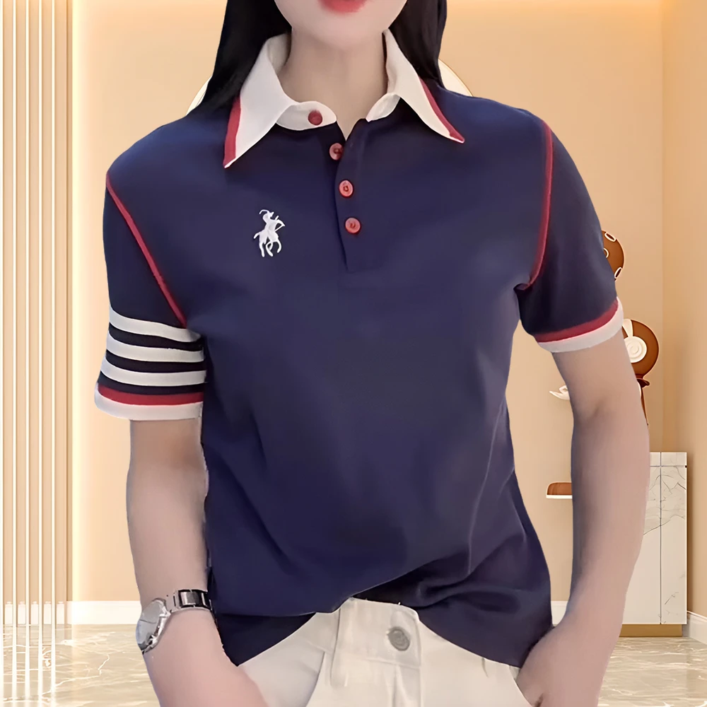 网红洋气炸街女装纯棉2025新款小马刺绣正肩翻领简约女T恤设计款