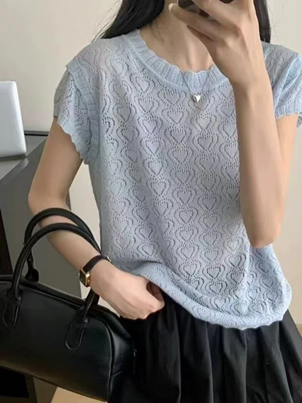 欧洲站2025夏季新款圆领落肩盖袖设计薄款镂空针织衫T恤潮2003