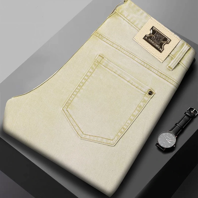 【香槟黄】休闲时尚个性柔软修身男士小直筒百搭弹力牛仔裤男