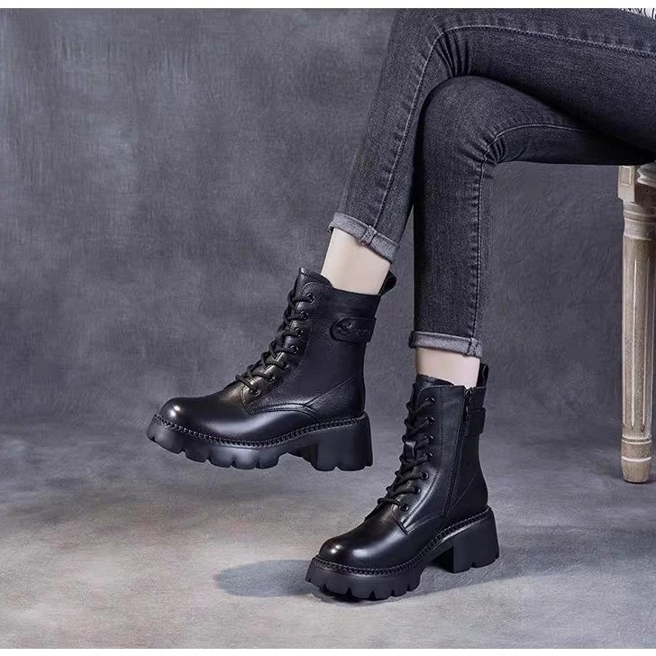 【万达撤柜】厚底马丁靴女中筒靴秋冬新款高跟鞋小个子增高短靴棉靴