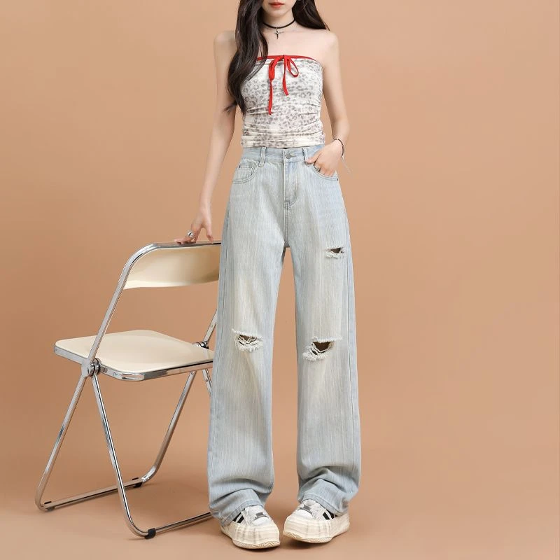 【木木夕】2025早秋美式轻奢质感全竹节柔顺怀旧蓝阔腿拖地牛仔裤女