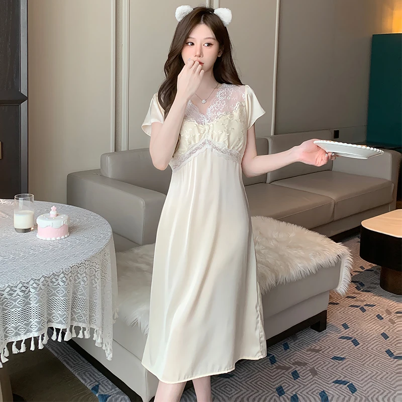 庆同新款夏季带胸垫蕾丝短袖睡裙女士性感纯欲冰雪丝家居服夏天
