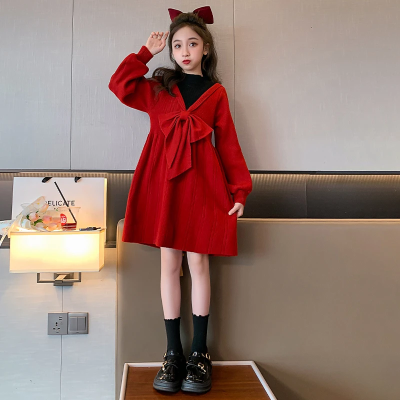 女童毛衣连衣裙秋冬季2025新款大童洋气加绒裙子孩儿童冬装毛线衣
