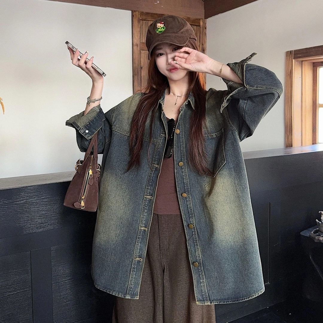 牛仔衬衫女春秋新款韩版宽松中长款慵懒风休闲外套港味复古9990