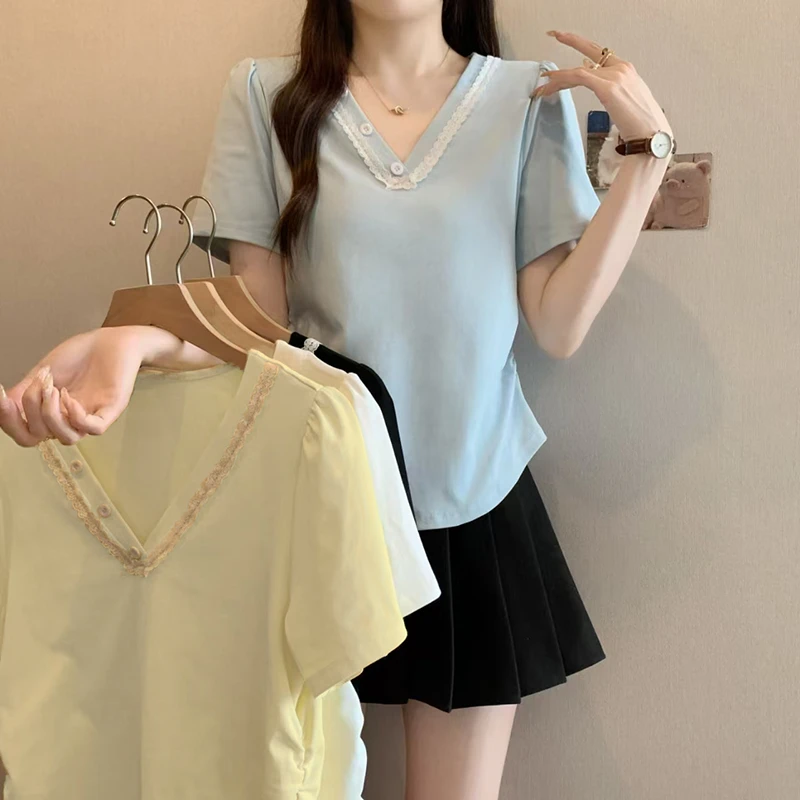 Q夏装新款胖mm大码女韩版时尚蕾丝拼接V领弧形别致短袖T恤A1201