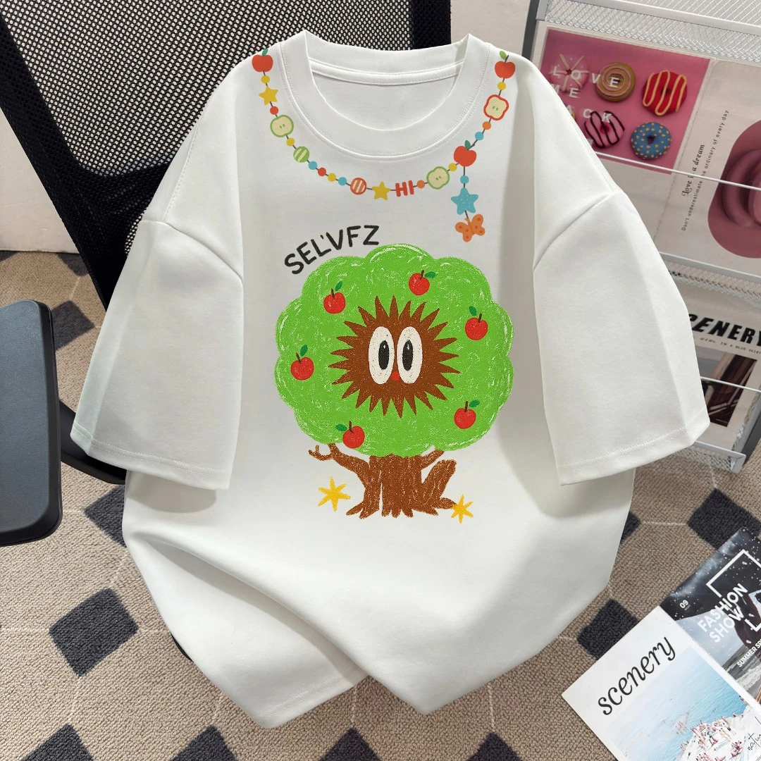 2025夏季新款美式高街时尚潮牌圆领上衣男宽松复古白色短袖T恤男