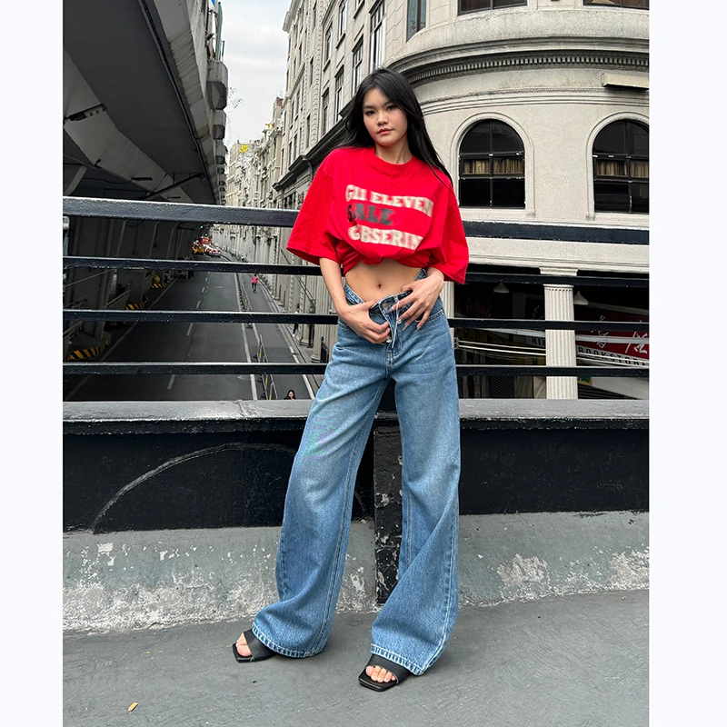 【Glozzzz】高腰显瘦牛仔裤夏季新款复古色水洗设计感长裤8823