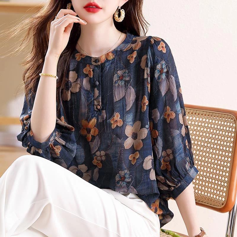 杜拉妮时尚洋气宽松印花七分袖衬衫遮肚子显瘦上衣百搭小衫2025夏