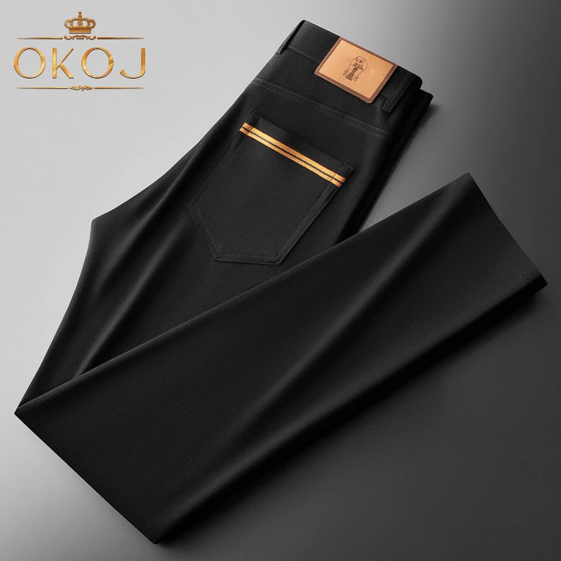 OKOJ轻奢肌理斜纹冰丝裤子男商务通勤修身显瘦夏季薄款直筒休闲裤