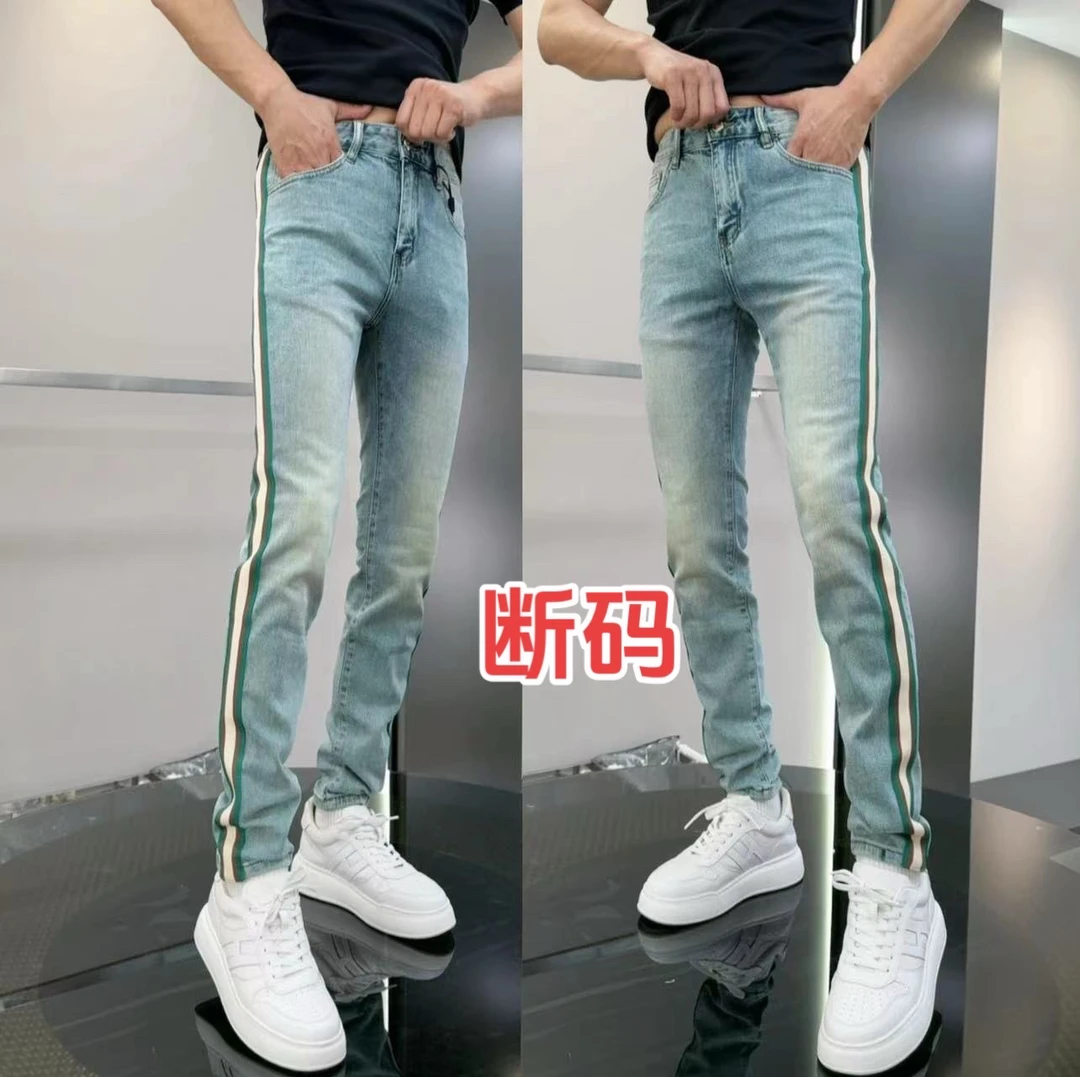 花火鸟2025春夏新款 双色潮流织带修身小脚裤男潮流牛仔裤8896