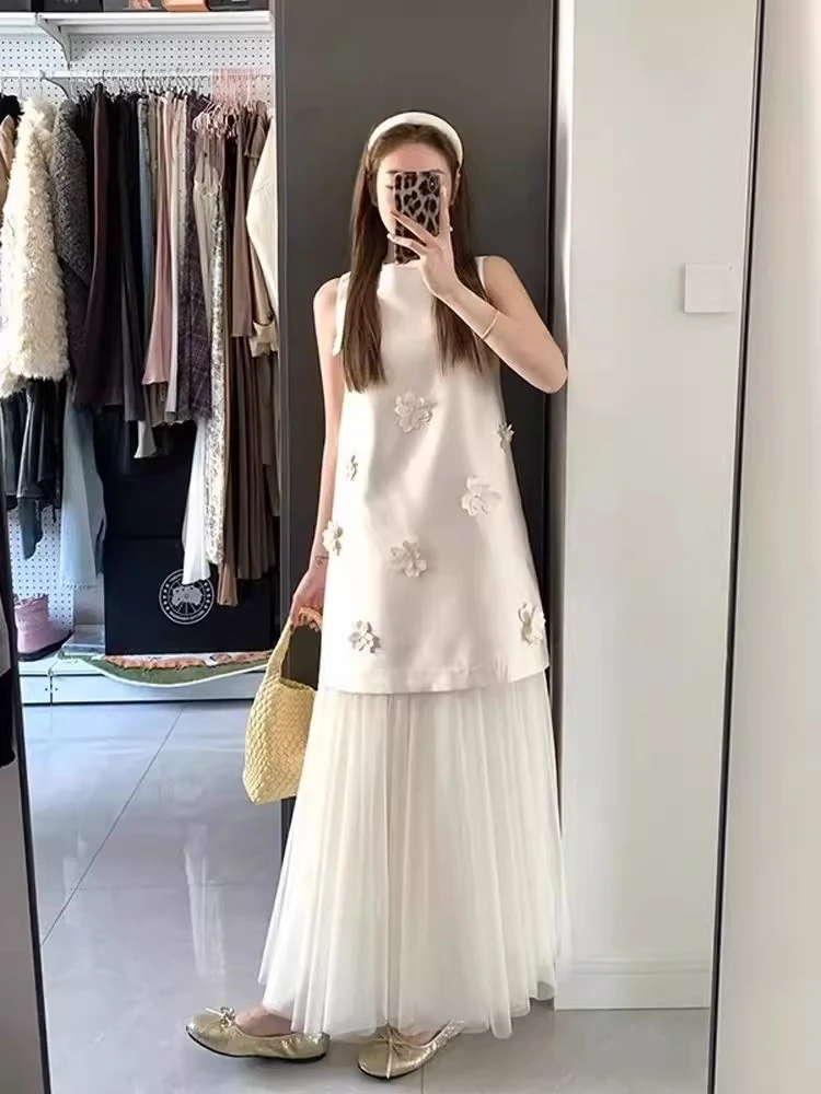 初夏穿搭套装女大码胖mm气质温柔小香风连衣裙独特叠穿网纱半身裙