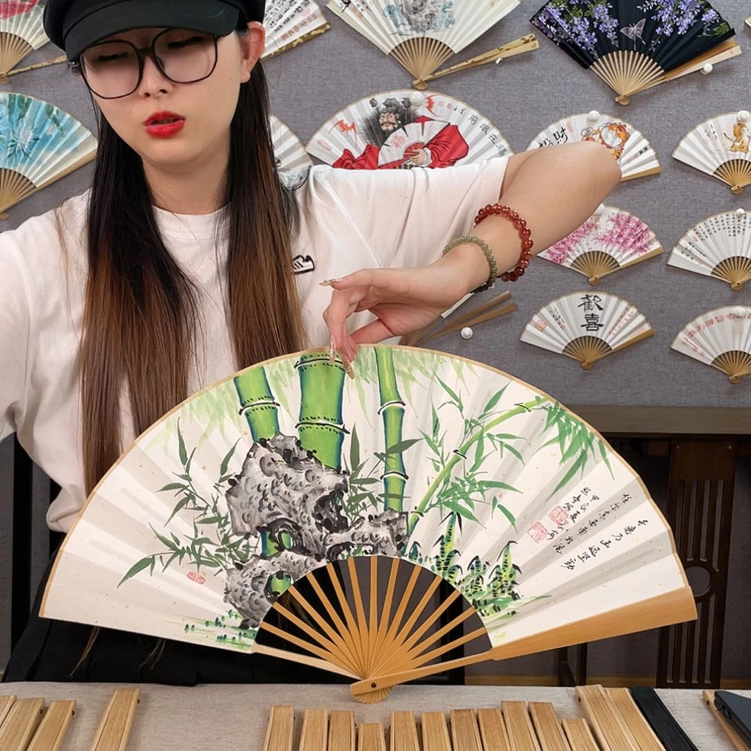 国画10寸玉竹-纯手绘-文玩扇骨（默认粘好）