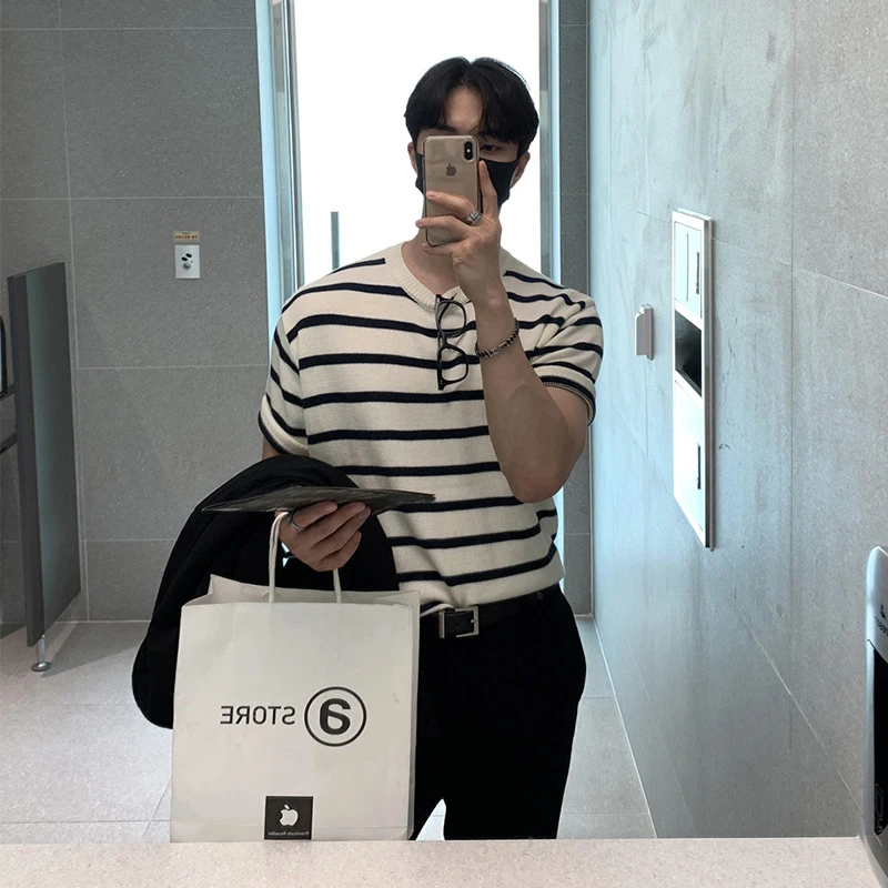 条纹高端短袖t恤圆领潮牌男款爆款宽松新款美式夏季男士针织半袖