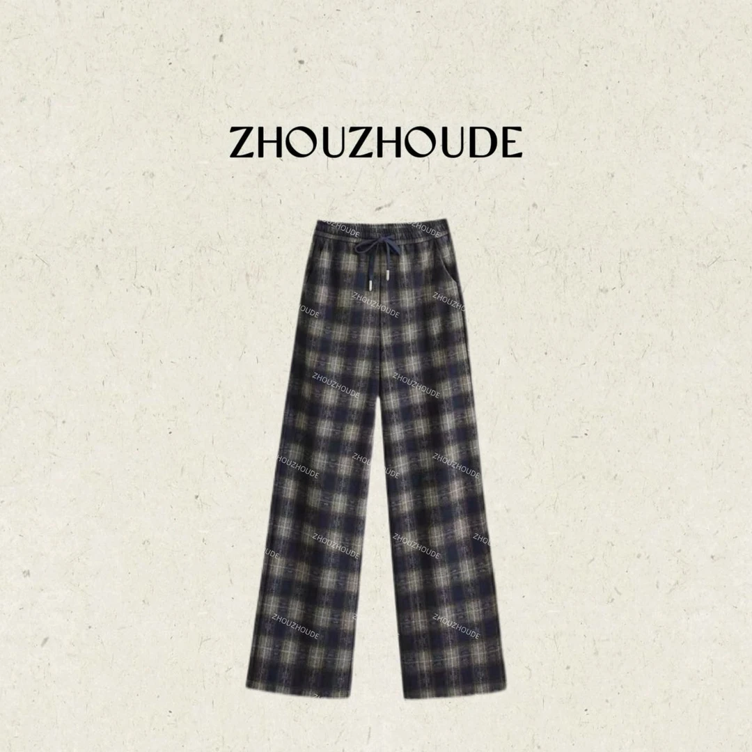 ZHOUZHOUDE【港岛之光】 进口色织格加厚加绒秋冬显瘦宽松直筒裤