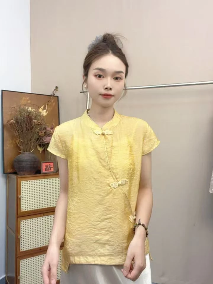 知喜   金子  立领薄款显瘦短款新中式女装短袖斜襟上衣时尚