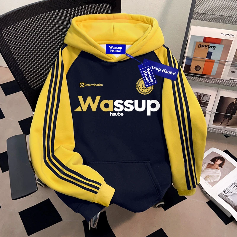 WASSUP HSUBE国潮牌重磅男士连帽卫衣设计感撞色拼接慵懒宽松上衣
