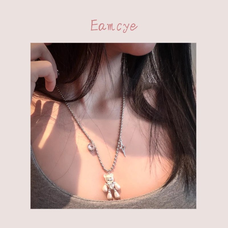 不锈钢项链 D00149 精致休闲 小众质感珠链爱心小熊女项链