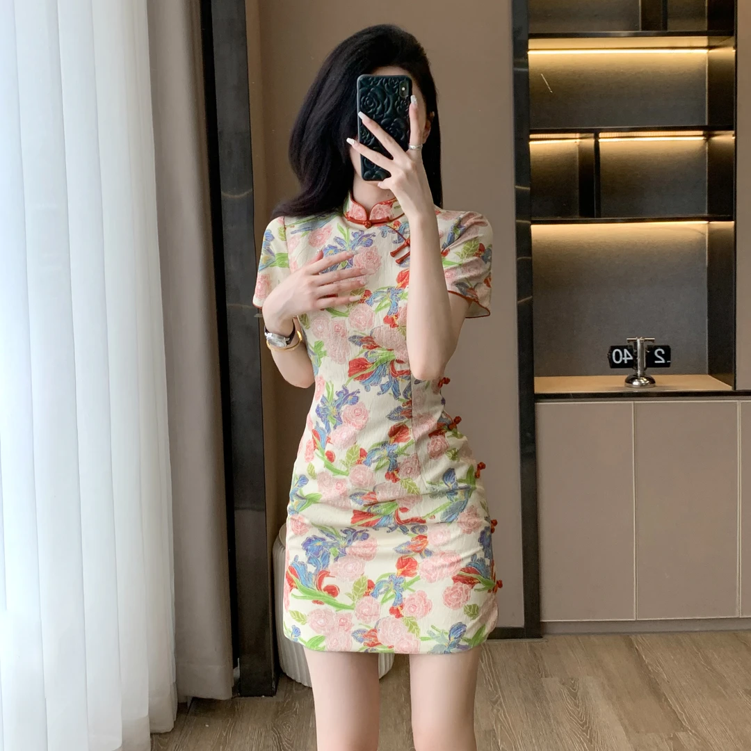 新中式气质显瘦碎花改良旗袍裙夏季新款小个子国风印花礼服连衣裙