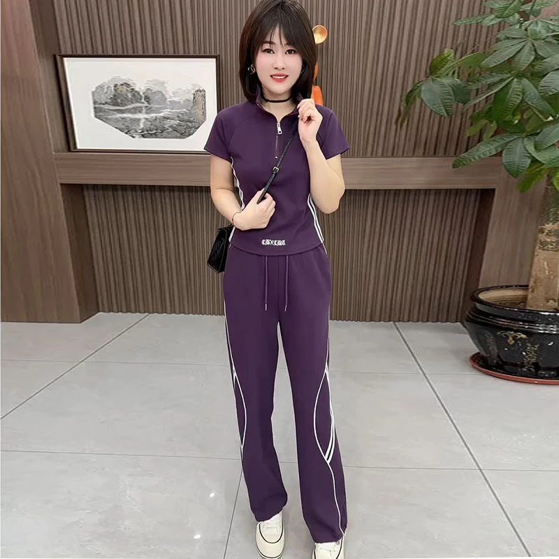 韩版休闲运动套装女2025新款洋气显瘦短袖百搭阔腿裤可抽绳两件套